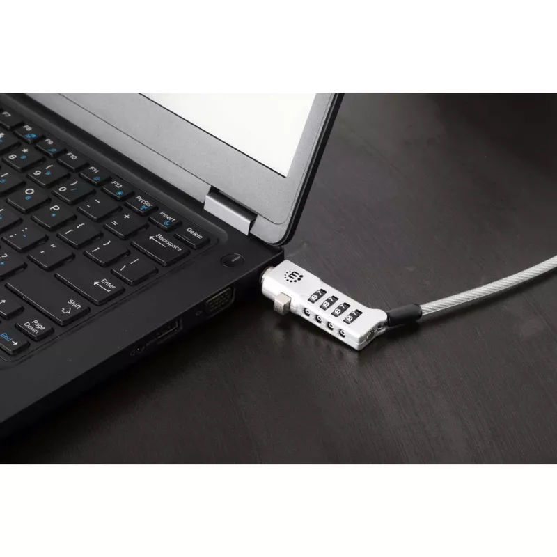 Manhattan Fechadura universal combinada para portátil para Noble Wedge®, Nano e K-Slot, fechadura antifurto 3-em-1 segura para portátil, combinação de 4 dígitos redefinível, 1,8 m, cabo de aço-carbono resistente ao corte, revestimento de PVC translúcido, prateado
