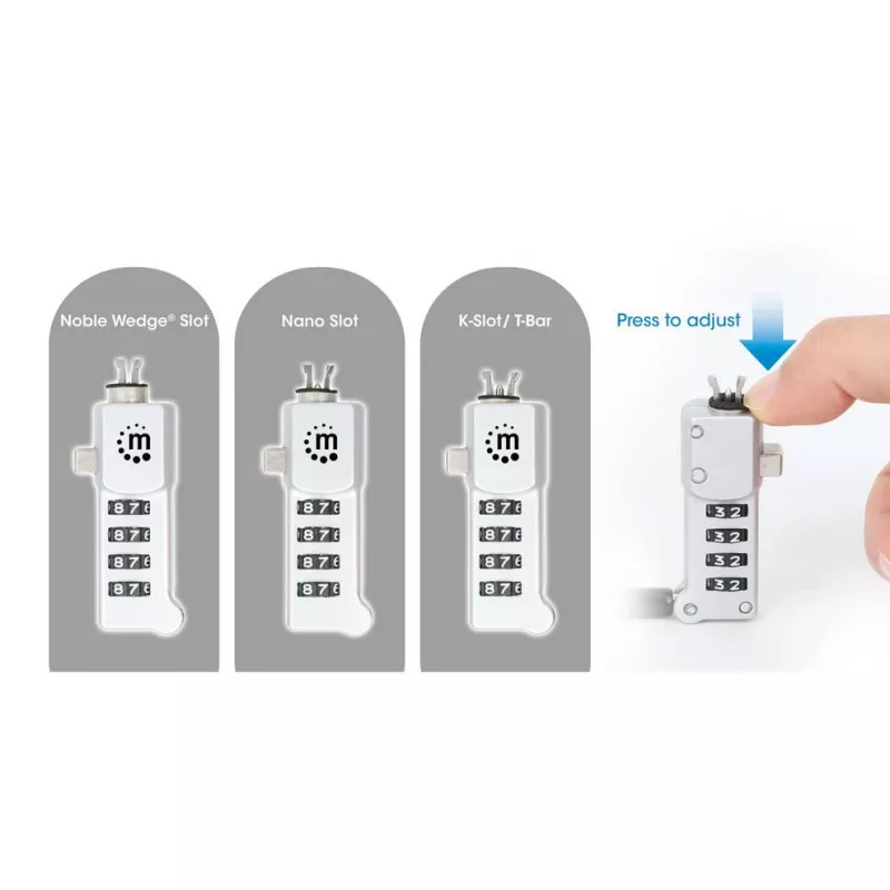 Manhattan Fechadura universal combinada para portátil para Noble Wedge®, Nano e K-Slot, fechadura antifurto 3-em-1 segura para portátil, combinação de 4 dígitos redefinível, 1,8 m, cabo de aço-carbono resistente ao corte, revestimento de PVC translúcido, prateado