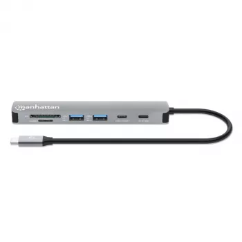 Manhattan Dock/Hub USB-C com leitor de cartões, ligações (x5): HDMI, USB-A (x2) e USB-C (x2), com Power Delivery (PD) 100W – requer carregador USB-C externo (não incluído). Alimentado por USB (sem fonte de alimentação externa necessária), quando o PD não é utilizado