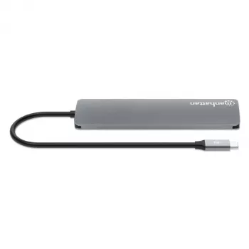 Manhattan Dock/Hub USB-C com leitor de cartões, ligações (x5): HDMI, USB-A (x2) e USB-C (x2), com Power Delivery (PD) 100W – requer carregador USB-C externo (não incluído). Alimentado por USB (sem fonte de alimentação externa necessária), quando o PD não é utilizado