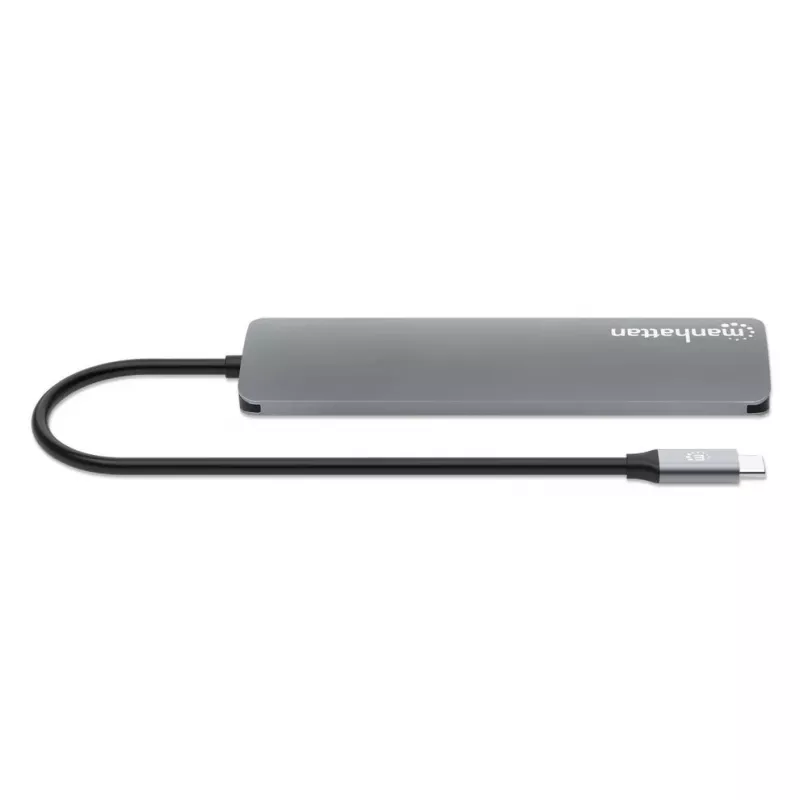 Manhattan Dock/Hub USB-C com leitor de cartões, ligações (x5): HDMI, USB-A (x2) e USB-C (x2), com Power Delivery (PD) 100W – requer carregador USB-C externo (não incluído). Alimentado por USB (sem fonte de alimentação externa necessária), quando o PD não é utilizado