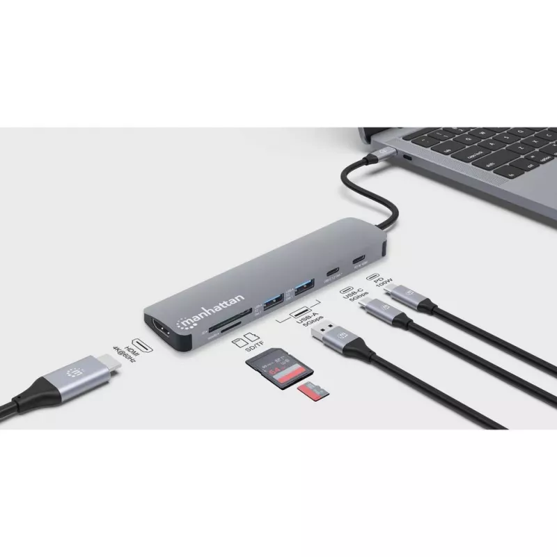 Manhattan Dock/Hub USB-C com leitor de cartões, ligações (x5): HDMI, USB-A (x2) e USB-C (x2), com Power Delivery (PD) 100W – requer carregador USB-C externo (não incluído). Alimentado por USB (sem fonte de alimentação externa necessária), quando o PD não é utilizado