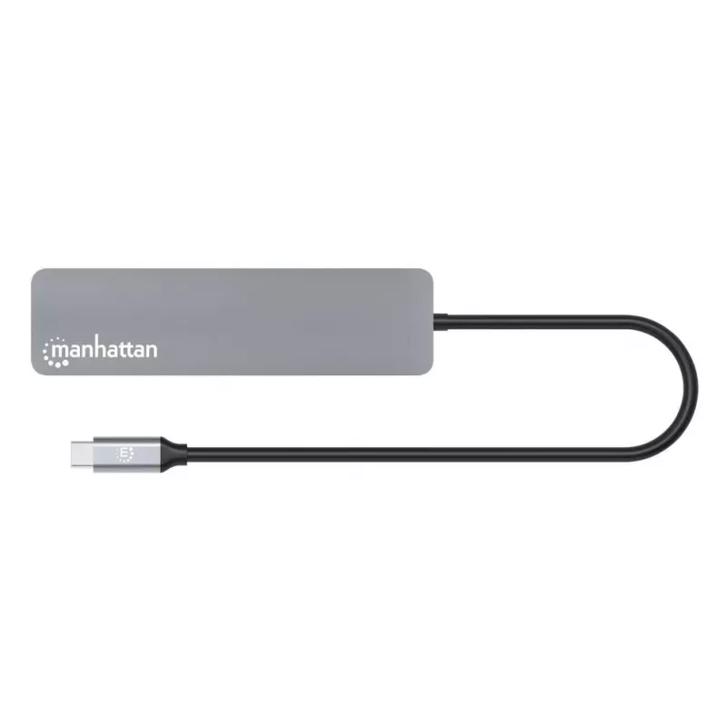 Manhattan Dock/Hub USB-C com leitor de cartões, ligações (x5): HDMI, USB-A (x2) e USB-C (x2), com Power Delivery (PD) 100W – requer carregador USB-C externo (não incluído). Alimentado por USB (sem fonte de alimentação externa necessária), quando o PD não é utilizado