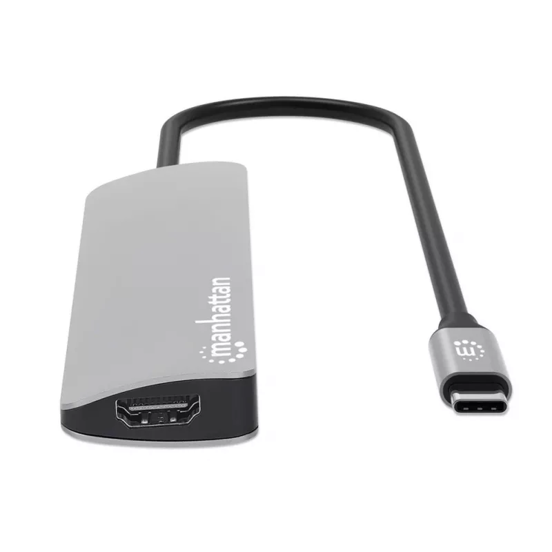 Manhattan Dock/Hub USB-C com leitor de cartões, ligações (x5): HDMI, USB-A (x2) e USB-C (x2), com Power Delivery (PD) 100W – requer carregador USB-C externo (não incluído). Alimentado por USB (sem fonte de alimentação externa necessária), quando o PD não é utilizado