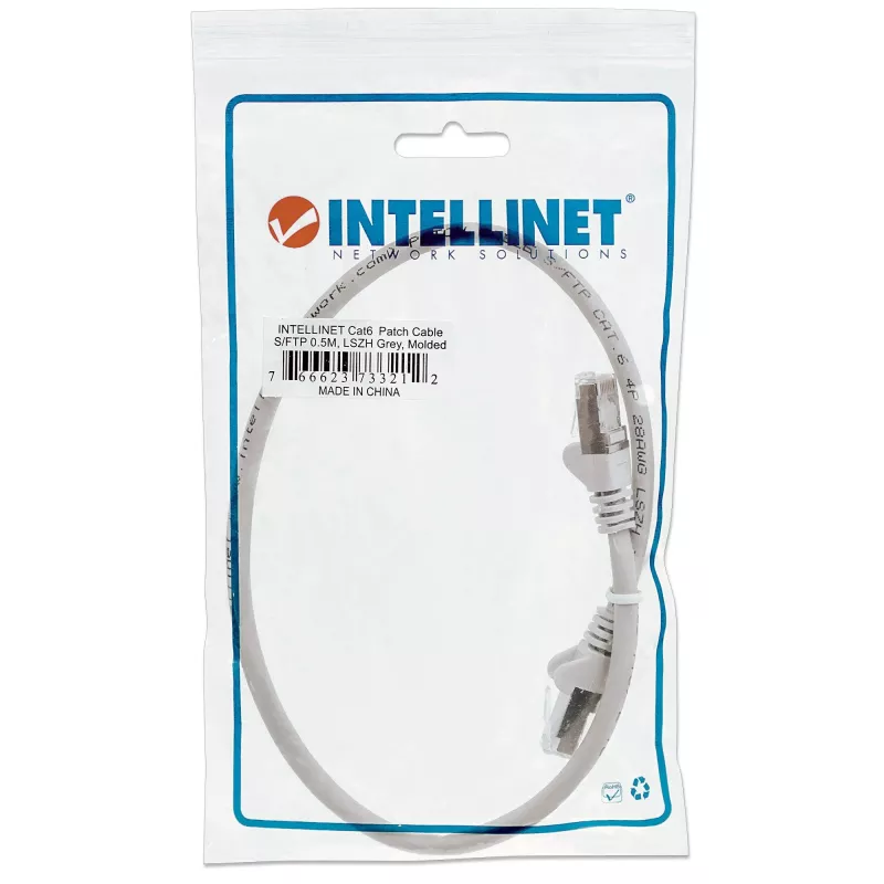 Cabo de rede Patch Intellinet, Cat6, 0,5 m, Cinzento, Cobre, S/FTP, LSOH/LSZH, PVC, RJ45, contactos banhados a ouro, bainha anti-dobras, botas moldadas anti-dobras e de alívio de tração, garantia vitalícia