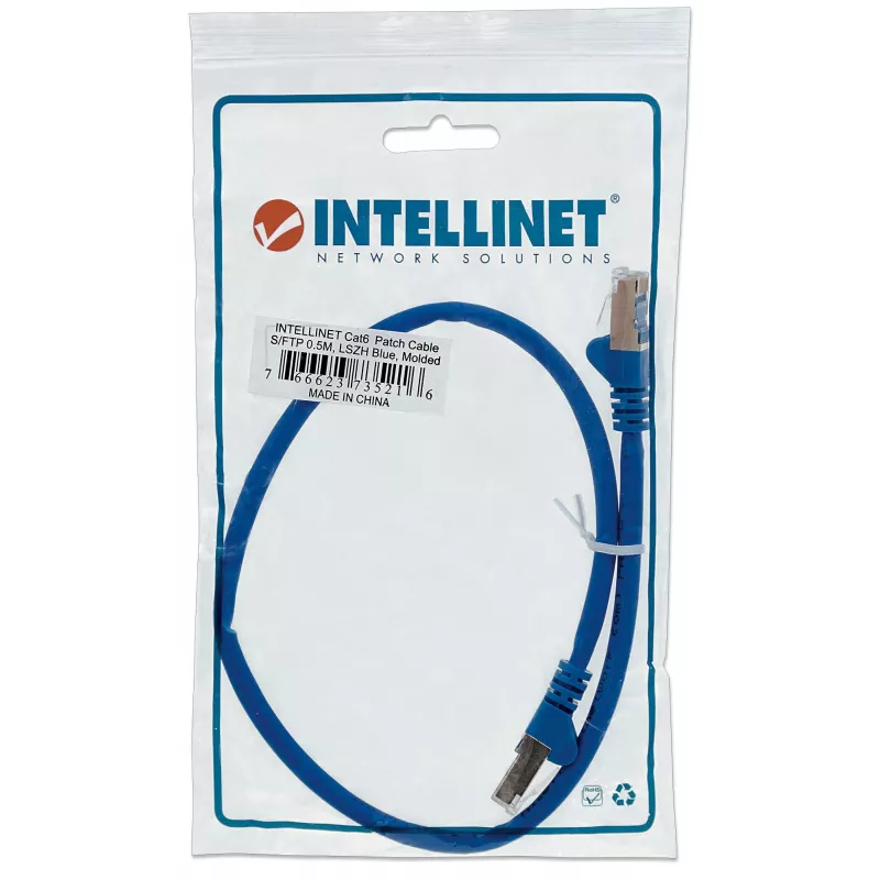 Cabo de rede patch Intellinet, Cat6, 0,5 m, azul, cobre, S/FTP, LSOH / LSZH, PVC, RJ45, contactos banhados a ouro, snagless, com proteção contra dobras, garantia vitalícia