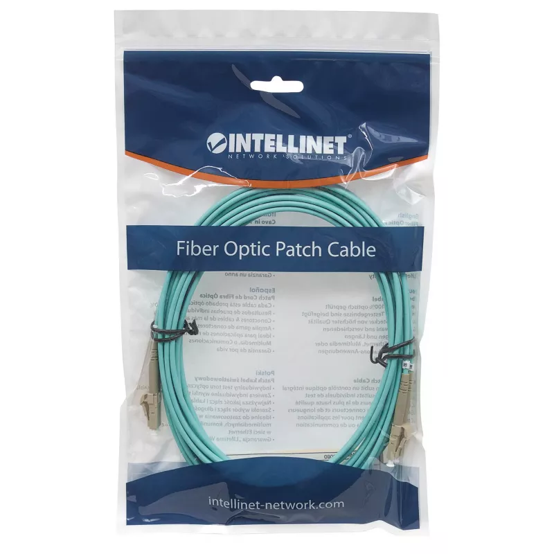 Cabo de fibra ótica patch Intellinet, OM3, LC/LC, 3 m, aqua, duplex, multimodo, 50/125 µm, LSZH, fibra, garantia vitalícia
