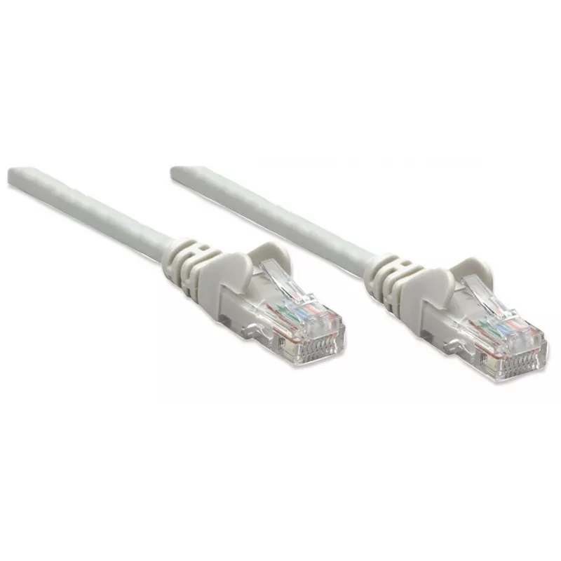 Cabo de rede patch Intellinet, Cat5e, 0,5 m, cinzento, CCA, U/UTP, PVC, RJ45, contactos banhados a ouro, sem patilha, proteção contra dobras, garantia vitalícia
