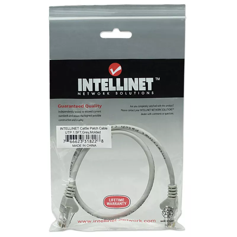 Cabo de rede patch Intellinet, Cat5e, 0,5 m, cinzento, CCA, U/UTP, PVC, RJ45, contactos banhados a ouro, sem patilha, proteção contra dobras, garantia vitalícia