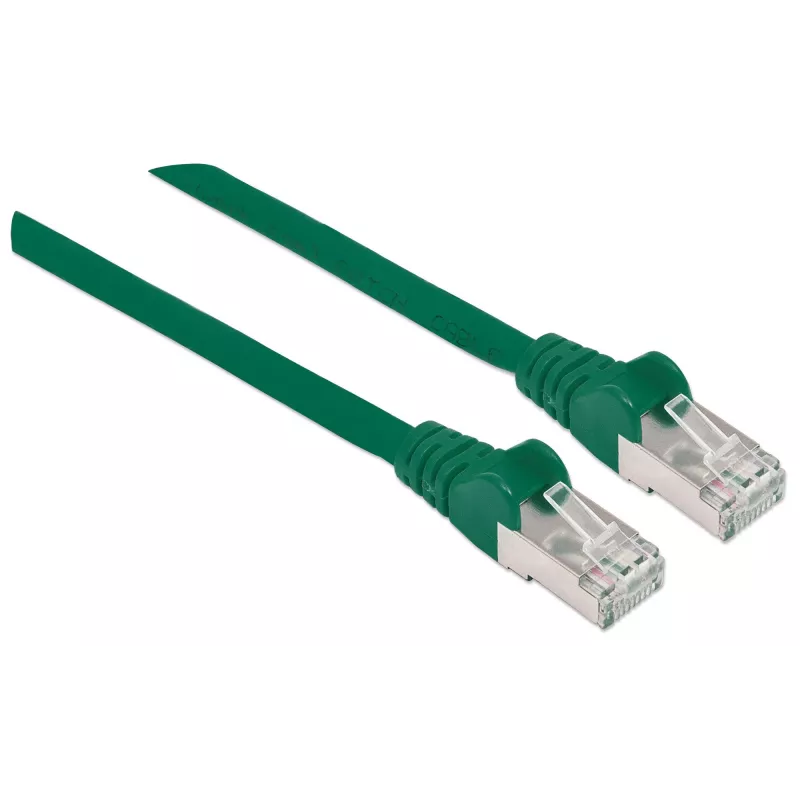 Cabo de rede patch Intellinet, Cat6A, 1,5 m, verde, cobre, S/FTP, LSOH/LSZH, PVC, RJ45, contactos banhados a ouro, sem patilha, com proteção anti-dobra, garantia vitalícia