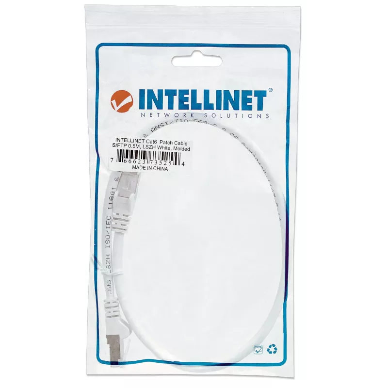 Cabo de rede patch Intellinet, Cat6, 0,5 m, branco, cobre, S/FTP, LSOH / LSZH, PVC, RJ45, contactos banhados a ouro, proteção da patilha, proteção anti-dobra, garantia vitalícia