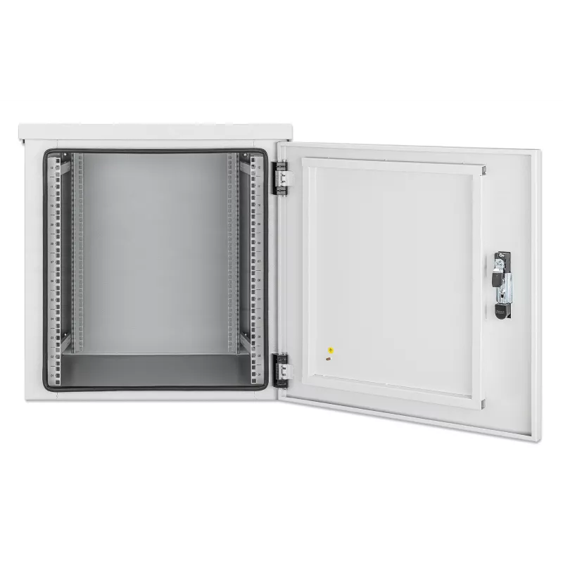 Caixa de parede industrial Intellinet IP55 19 polegadas com ventoinhas integradas, 12HE 600 mm de profundidade, unidade de ventilação de duas ventoinhas montada no teto, caixa à prova de pó e água, montada, cinzento-claro RAL7035