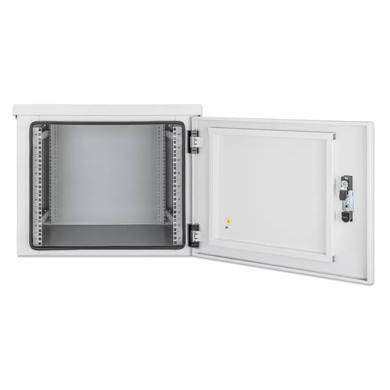 Caixa de montagem na parede industrial Intellinet IP55 19 polegadas com ventoinhas integradas, 9HE 600 mm de profundidade, unidade de ventilação de duas ventoinhas montada no teto, caixa à prova de pó e água, montada, cinzento-claro RAL7035