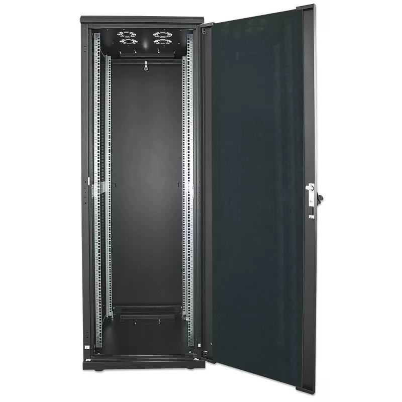 Armário de rede Intellinet 19 polegadas – autónomo, 42HE, 800x800mm (largura x profundidade), preto, Flatpack, máx. 1500kg, fechadura de porta multiponto, uma fechadura por painel lateral, profundidade útil 123 a 573mm, IP20, rack, aço