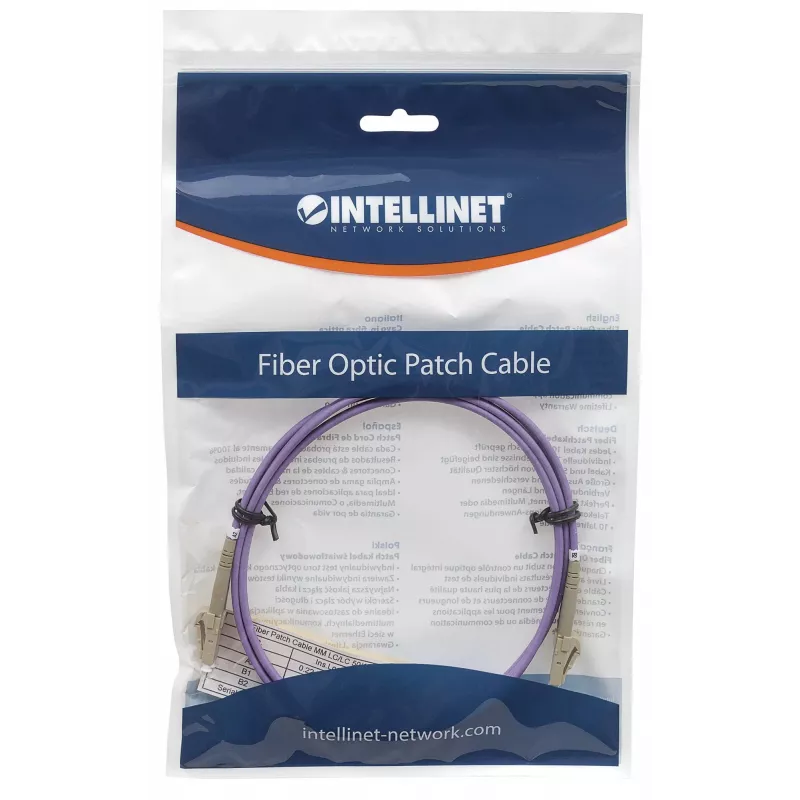 Cabo de rede patch de fibra ótica Intellinet, OM4, LC/LC, 2 m, violeta, duplex, multimodo, 50/125 µm, LSZH, fibra ótica, garantia vitalícia