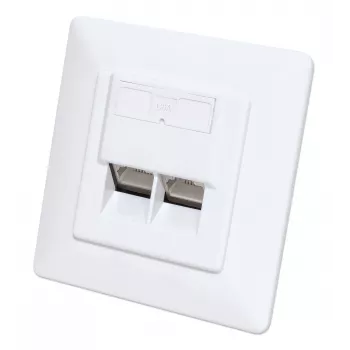 Tomada de parede RJ45 blindada Intellinet 2 portas Cat6a 10G para embutir com moldura, STP, branco sinal RAL9003