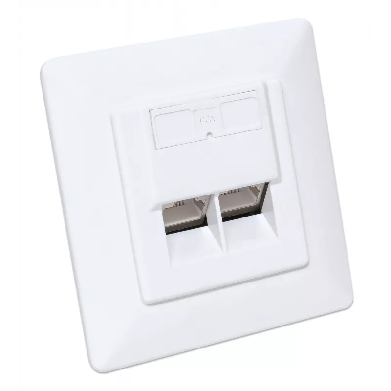 Tomada de parede RJ45 blindada Intellinet 2 portas Cat6a 10G para embutir com moldura, STP, branco sinal RAL9003