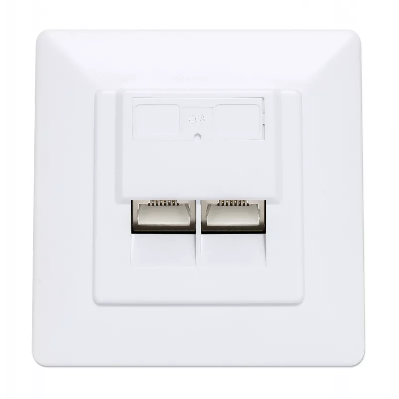 Tomada de parede RJ45 blindada Intellinet 2 portas Cat6a 10G para embutir com moldura, STP, branco sinal RAL9003