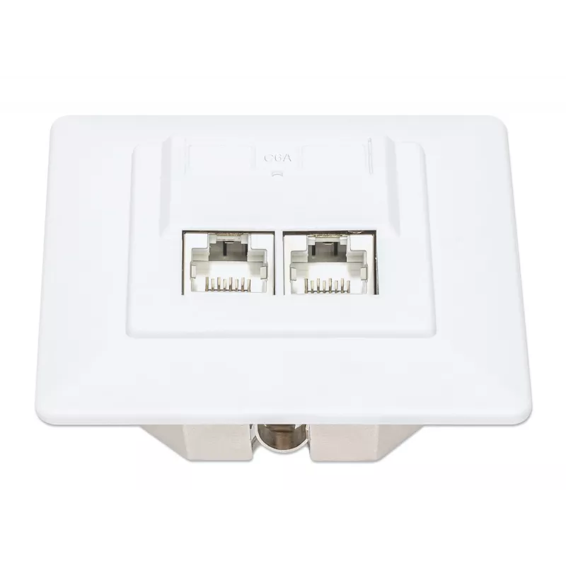 Tomada de parede RJ45 blindada Intellinet 2 portas Cat6a 10G para embutir com moldura, STP, branco sinal RAL9003