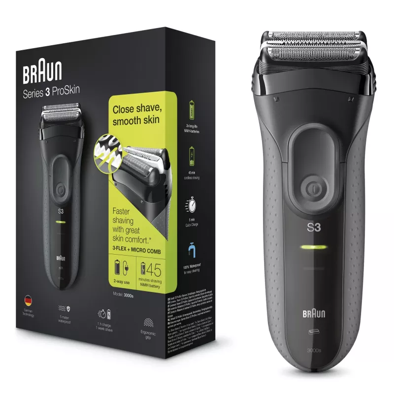 Braun Series 3 Series 3000 Máquina de barbear, Máquina de barbear de folha, Preto, 2 SensoFoil, LED, Funcionamento, Rede/Bateria