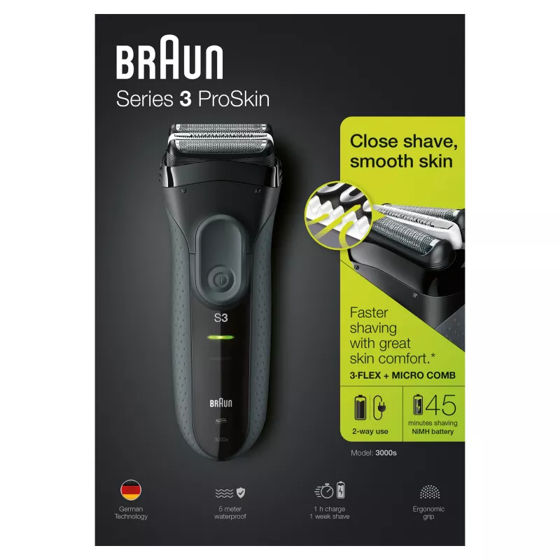Braun Series 3 Series 3000 Máquina de barbear, Máquina de barbear de folha, Preto, 2 SensoFoil, LED, Funcionamento, Rede/Bateria
