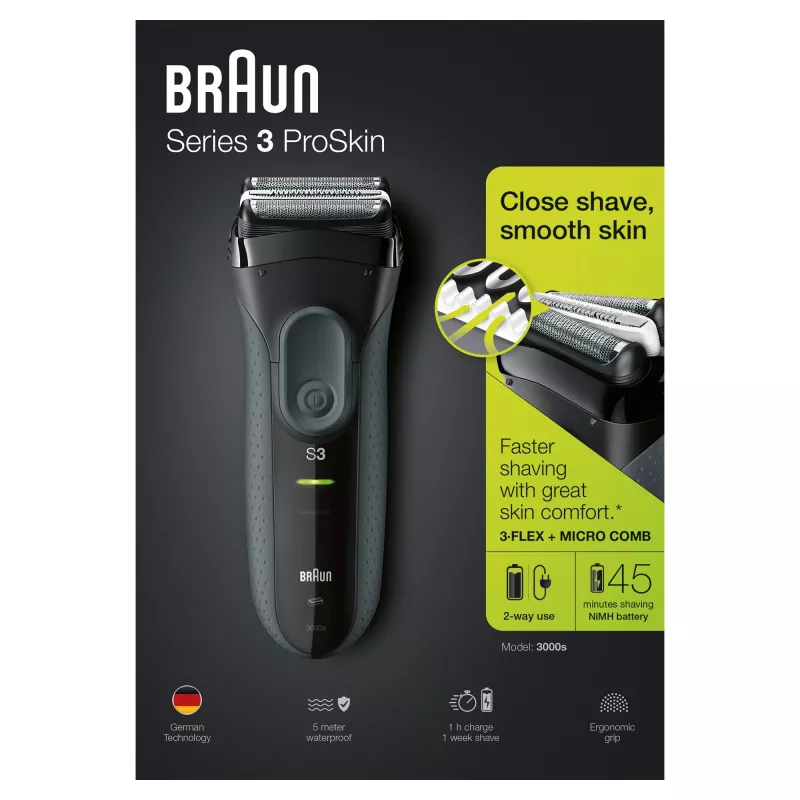 Braun Series 3 Series 3000 Máquina de barbear, Máquina de barbear de folha, Preto, 2 SensoFoil, LED, Funcionamento, Rede/Bateria