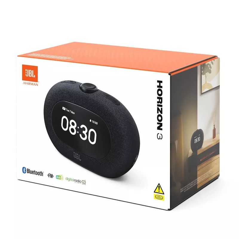 Rádio-relógio JBL HORIZON 3 — DAB/DAB+/FM, 5W RMS, 65–20000 Hz, Visor LCD, Botão rotativo, preto