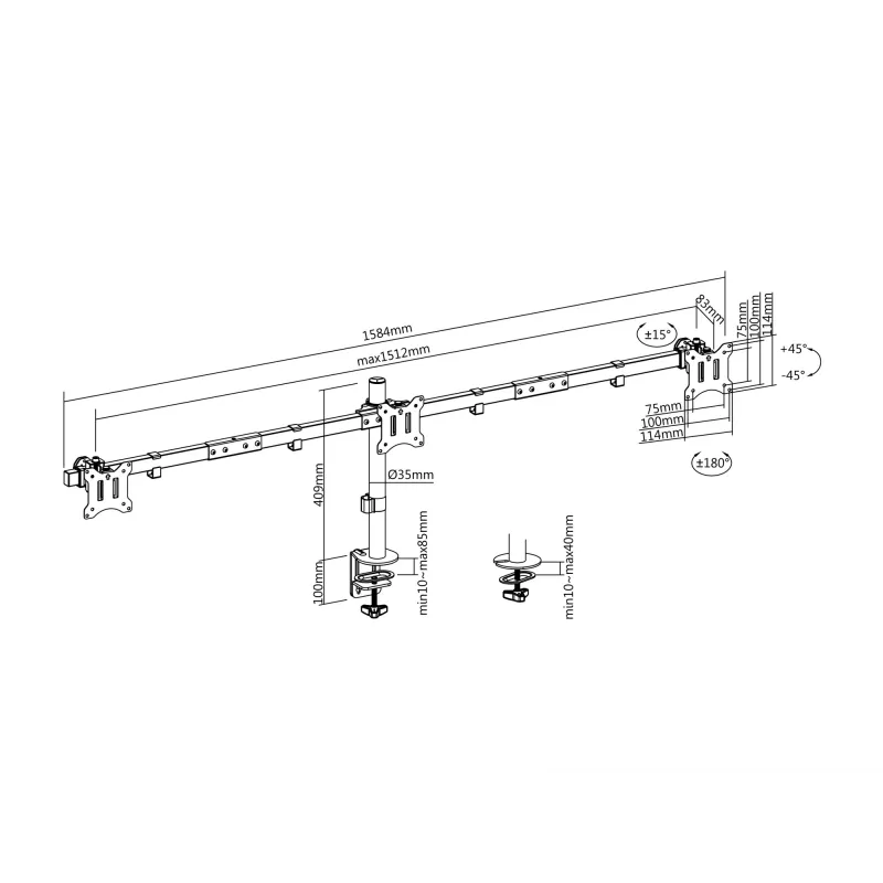Equip Suporte de mesa para monitor triplo com braço articulado de 17 a 32 polegadas Aperto/Passagem pela mesa 21 kg