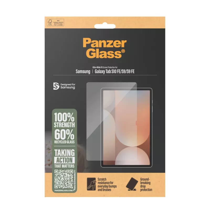 Película de proteção de ecrã PanzerGlass para Samsung Galaxy Tab S9 / S9 FE / S10 FE — vidro temperado, PET, silicone, transparente, Ultra‑Wide Fit