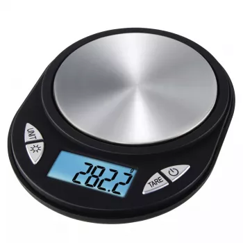 Balança de cozinha elétrica Xavax Jewel preta oval — máx. 0,5 kg, precisão 0,1 g, pilha CR2032, 130×100×15 mm