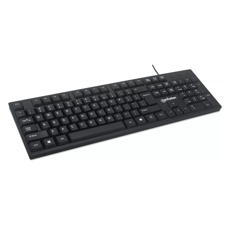 Teclado Manhattan USB com fio, preto, teclas de tamanho normal, cabo 1,5 m, conector USB-A, Plug and Play, três anos de garantia