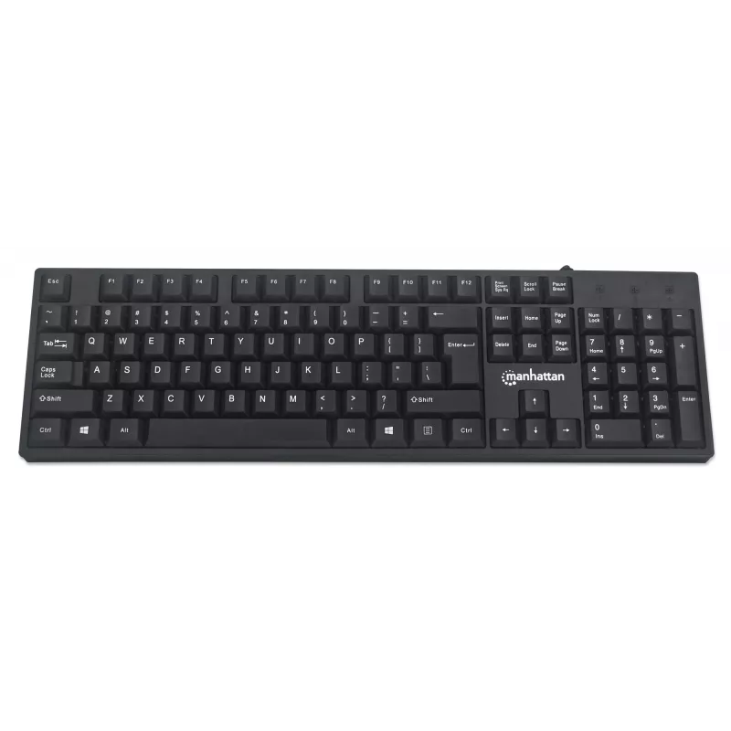 Teclado Manhattan USB com fio, preto, teclas de tamanho normal, cabo 1,5 m, conector USB-A, Plug and Play, três anos de garantia