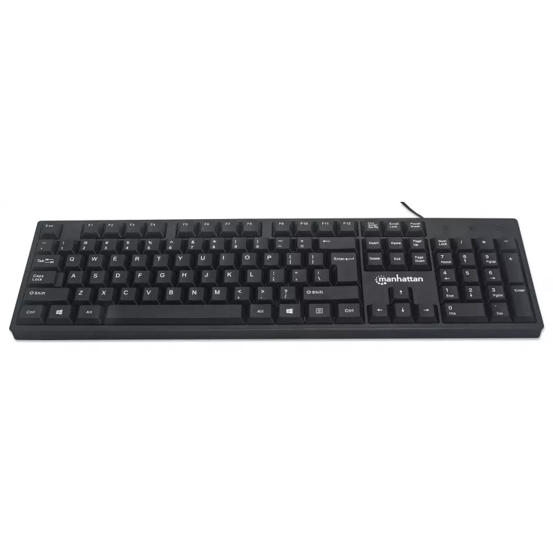 Teclado Manhattan USB com fio, preto, teclas de tamanho normal, cabo 1,5 m, conector USB-A, Plug and Play, três anos de garantia