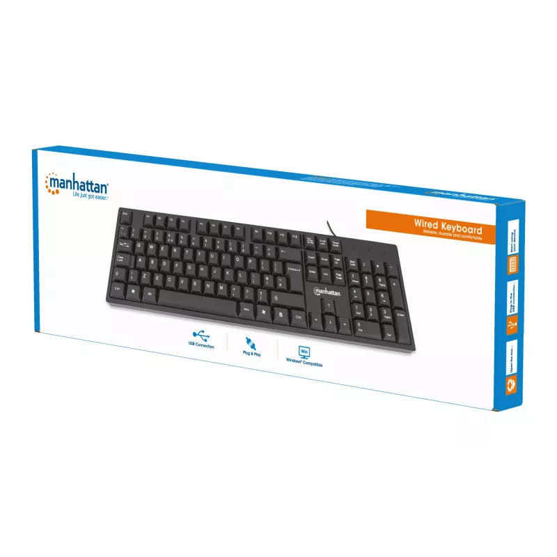 Teclado Manhattan USB com fio, preto, teclas de tamanho normal, cabo 1,5 m, conector USB-A, Plug and Play, três anos de garantia