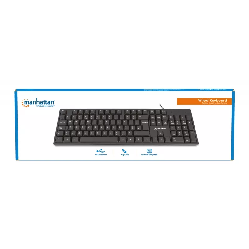 Teclado Manhattan USB com fio, preto, teclas de tamanho normal, cabo 1,5 m, conector USB-A, Plug and Play, três anos de garantia
