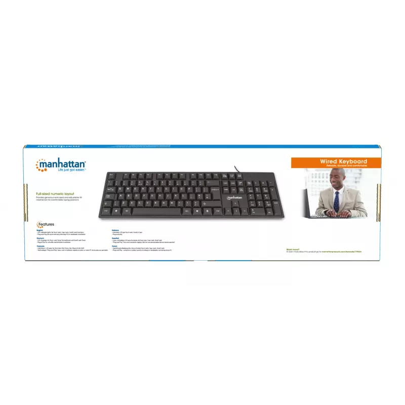 Teclado Manhattan USB com fio, preto, teclas de tamanho normal, cabo 1,5 m, conector USB-A, Plug and Play, três anos de garantia