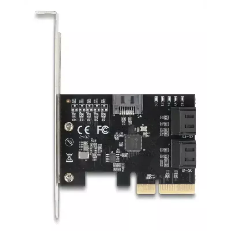 Adaptador SATA interno DELOCK 90890 — PCIe para 5× SATA (JMicron JMB585), low-profile, preto
