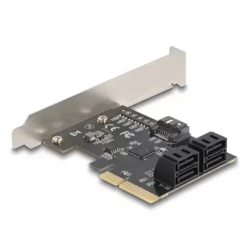 Adaptador SATA interno DELOCK 90890 — PCIe para 5× SATA (JMicron JMB585), low-profile, preto