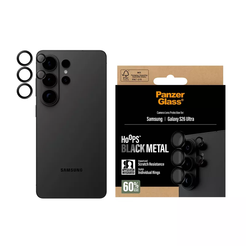 Proteção para lente da câmara PanzerGlass Hoops para Samsung Galaxy S26 Ultra — vidro temperado, silicone, preto