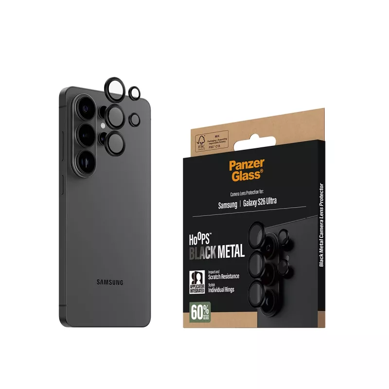 Proteção para lente da câmara PanzerGlass Hoops para Samsung Galaxy S26 Ultra — vidro temperado, silicone, preto