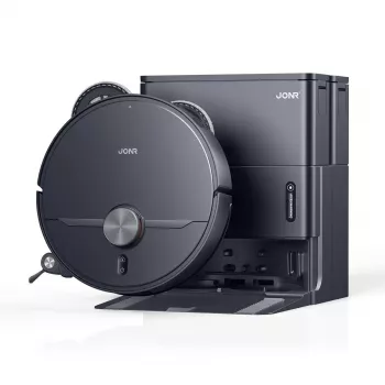 Aspirador robô APC Jonr X1 MAX — redondo, saco de pó, bateria de 5200 mAh, 30 min de autonomia, base de carregamento e limpeza