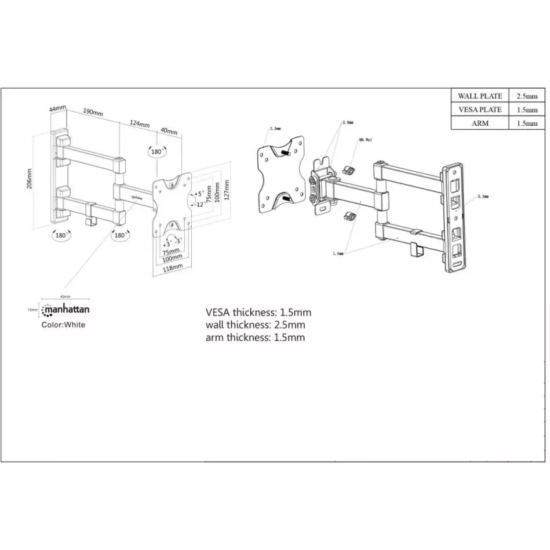 Manhattan Suporte de parede para TV e monitores (Full Motion), Para ecrãs de 13 polegadas a 27 polegadas, Compatibilidade VESA: 75x75 mm e 100x100 mm – Verifique as dimensões dos quatro orifícios de montagem na parte traseira do ecrã para garantir a compatibilidade, Máx. 20 kg, preto, suporte