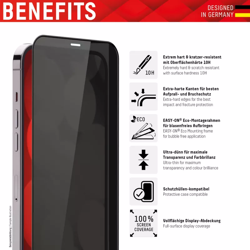 Proteção de ecrã Displex Privacy Full Cover (10H) para Apple iPhone 12/12 Pro, moldura de montagem Eco, filtro de privacidade, vidro temperado, película protetora resistente a riscos, compatível com capa