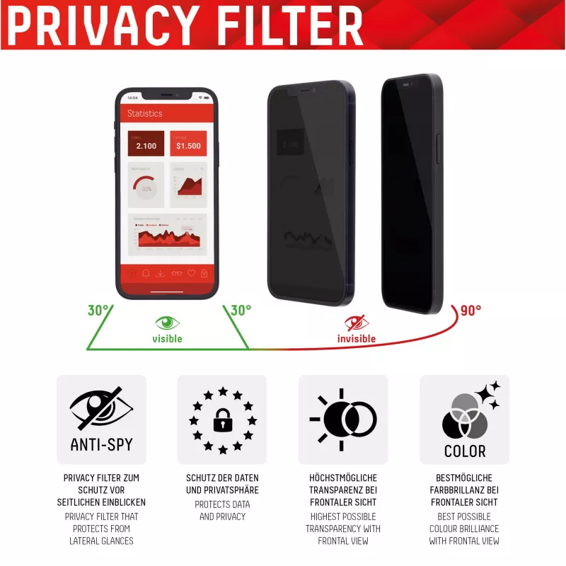 Proteção de ecrã Displex Privacy Full Cover (10H) para Apple iPhone 12/12 Pro, moldura de montagem Eco, filtro de privacidade, vidro temperado, película protetora resistente a riscos, compatível com capa