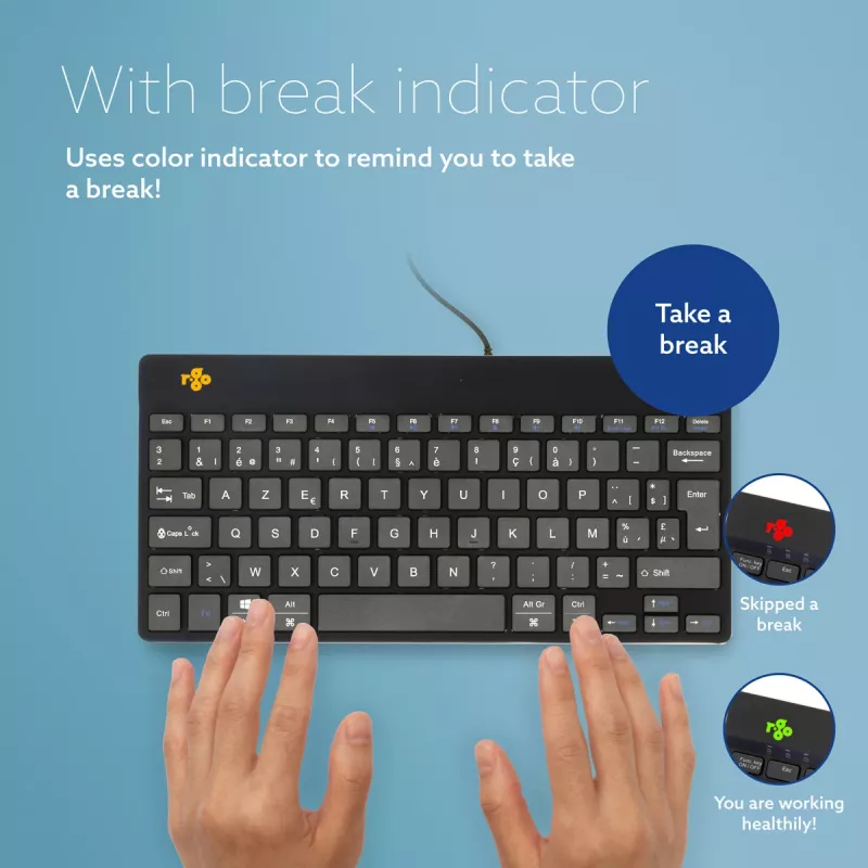 Teclado ergonómico R-Go Tools R-Go Compact Break, teclado compacto com software de pausas, AZERTY (BE), com fios, preto
