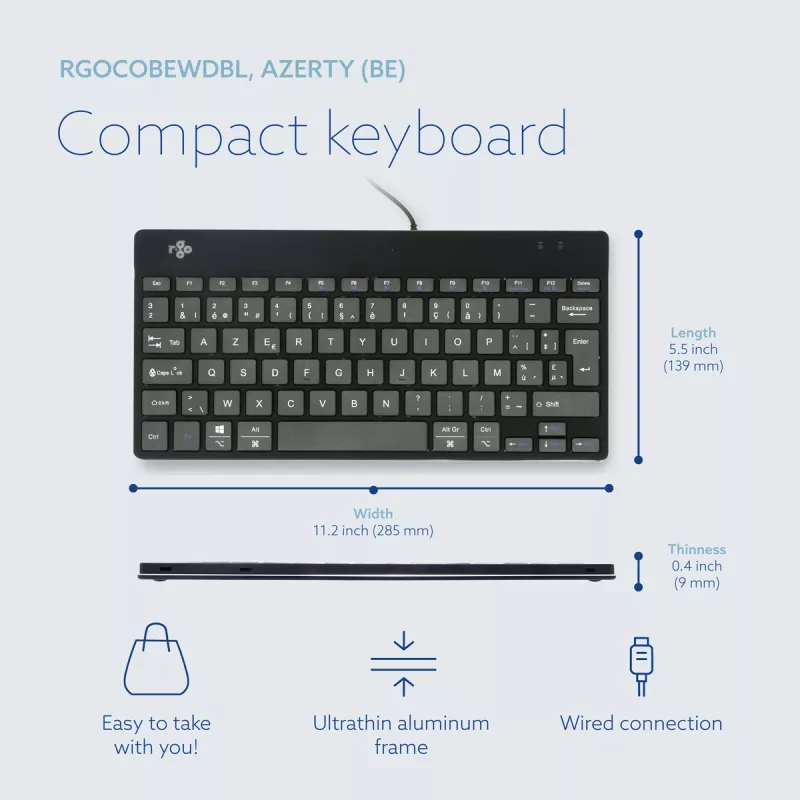 Teclado ergonómico R-Go Tools R-Go Compact Break, teclado compacto com software de pausas, AZERTY (BE), com fios, preto