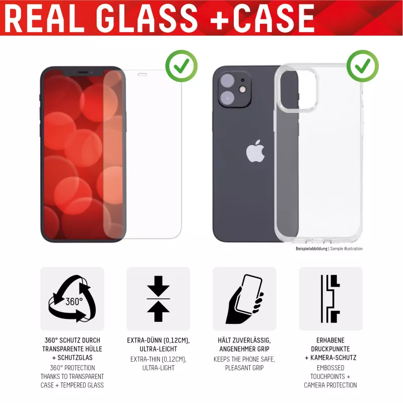 Proteção de ecrã Displex (10H) + capa para Apple iPhone 13 Pro, autocolante de montagem, + capa, vidro temperado, película protetora anti-riscos
