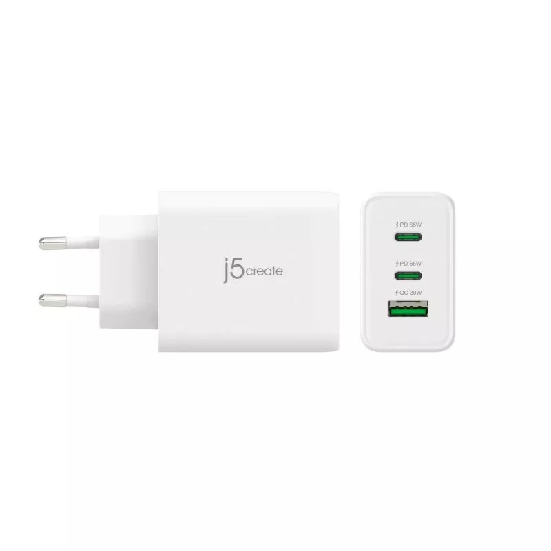 j5create JUP3365E-EN carregador GaN USB-C® de 65W com 3 portas, interior, AC, branco