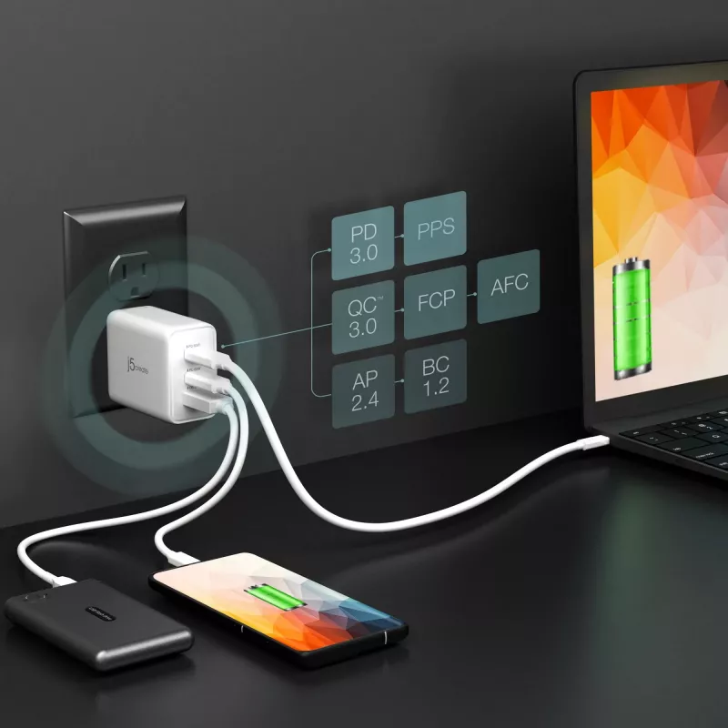 j5create JUP3365E-EN carregador GaN USB-C® de 65W com 3 portas, interior, AC, branco