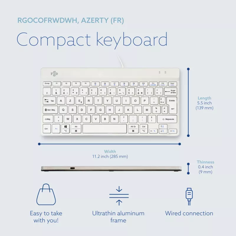 R-Go Tools teclado ergonómico R-Go Compact Break, teclado compacto com software de pausas, AZERTY (FR), com fios, branco